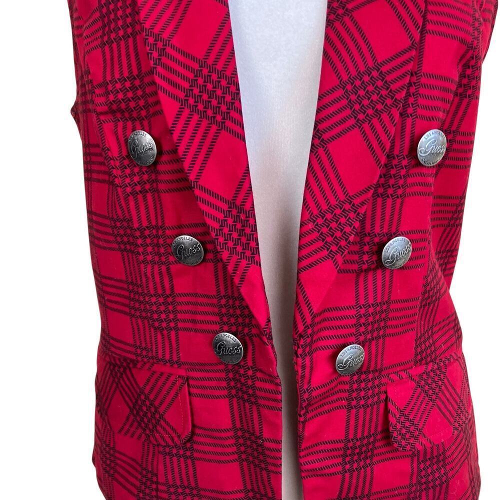 Guess Sz M Red & Black Plaid Double-Breasted Military Style Vest Punk Rock Y2K - Picture 5 of 16